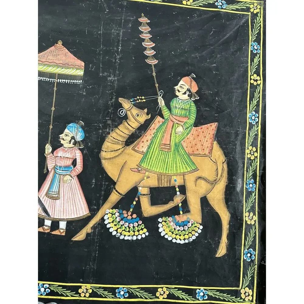 Vintage Indian Batik Black Cotton Wall Hanging Hand painted Elephants 28x60” Art